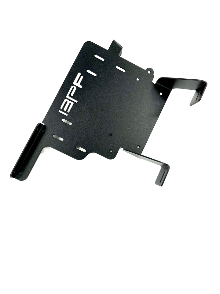 BPF 2025+ 4runner twin compressor mount made of black powder-coated metal with multiple mounting slots and engraved BPF logo, designed for secure compressor installation.