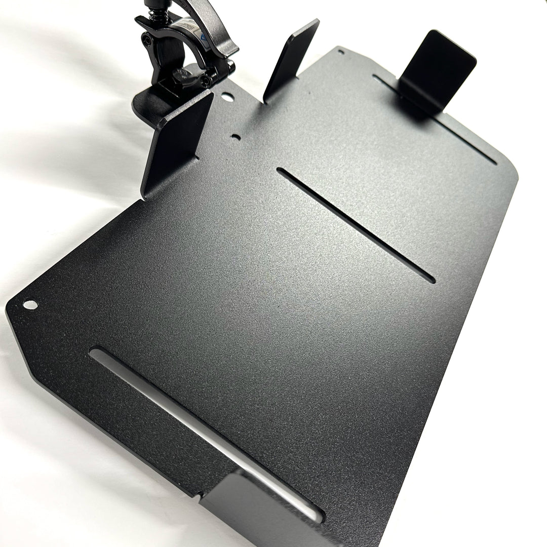 Black powder-coated metal mounting bracket with raised tabs and clamp attachment, designed for secure installation with slots for adjustable fitting on a flat surface.