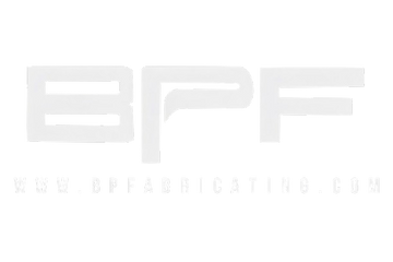 Stylized white text logo with the letters BPF above the website URL www.bpfabricating.com on a transparent background.