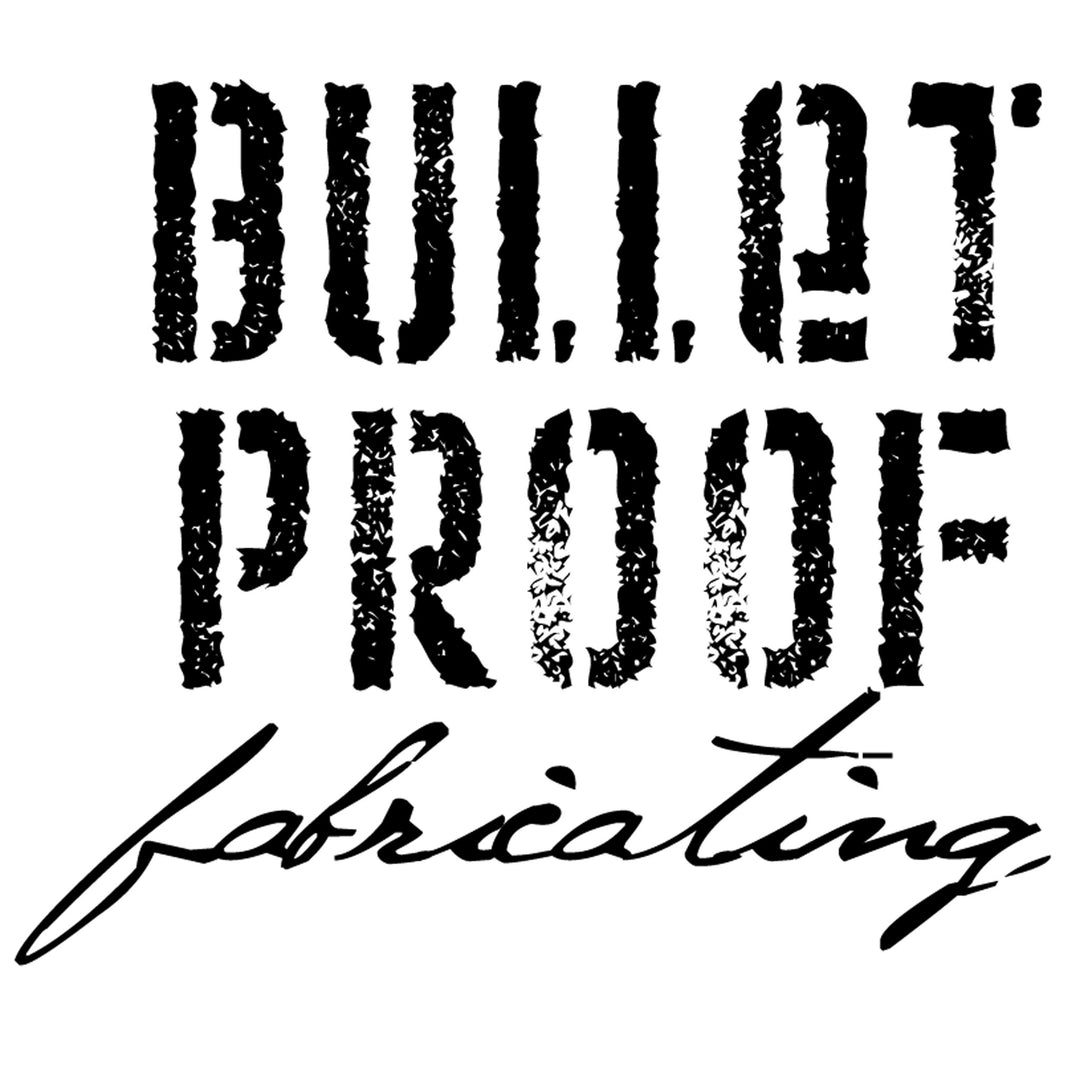 Black and white Bullet Proof Fabricating logo with bold distressed block letters and cursive script, designed for Gift Card branding and promotional use.
