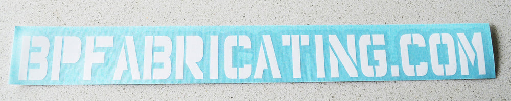 White stencil-style text reading BPFABRICATING.COM on a light blue rectangular sticker with the product title BPF Sticker - BPFABRICATING.COM displayed clearly.