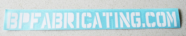 White stencil-style text reading BPFABRICATING.COM on a light blue rectangular sticker with the product title BPF Sticker - BPFABRICATING.COM displayed clearly.