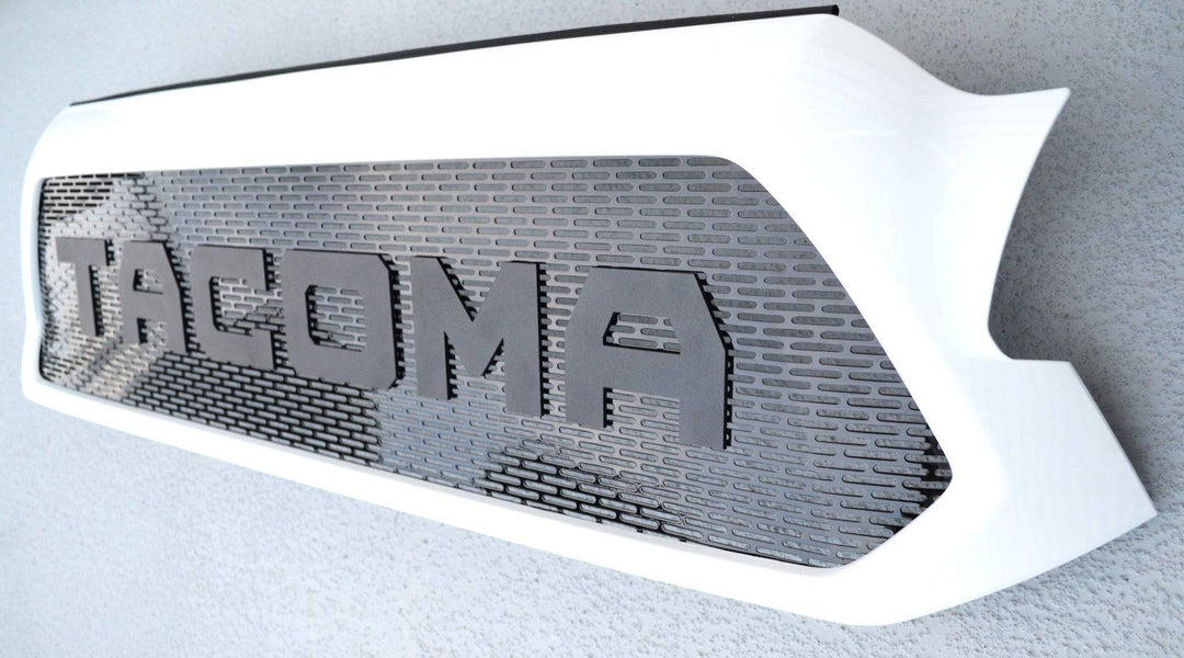 BPF Completed 2012-2015 Toyota Tacoma Grill in white with black honeycomb mesh and bold Tacoma lettering designed for OEM fitment and durable truck customization.