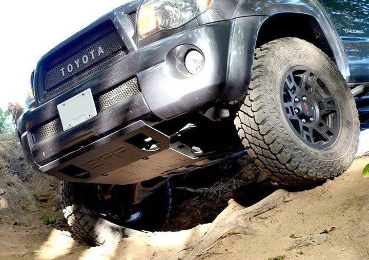 BPF 2005-2015 Toyota Tacoma Skid Plate installed under a Toyota Tacoma, showing durable protection for off-road driving and rough terrain.