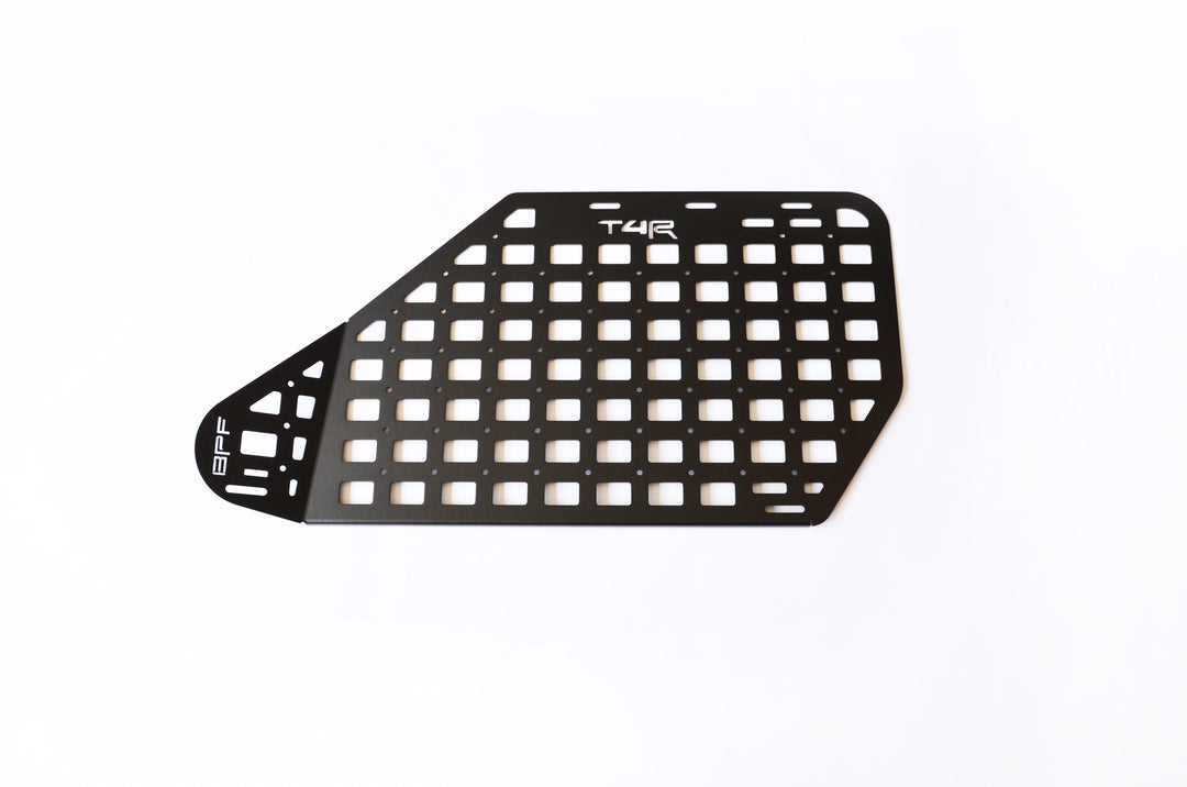 Black powder-coated BPF 2010-2024 4Runner Storage Panels with grid pattern for organizing and mounting overlanding gear, CNC fabricated for precise fitment.