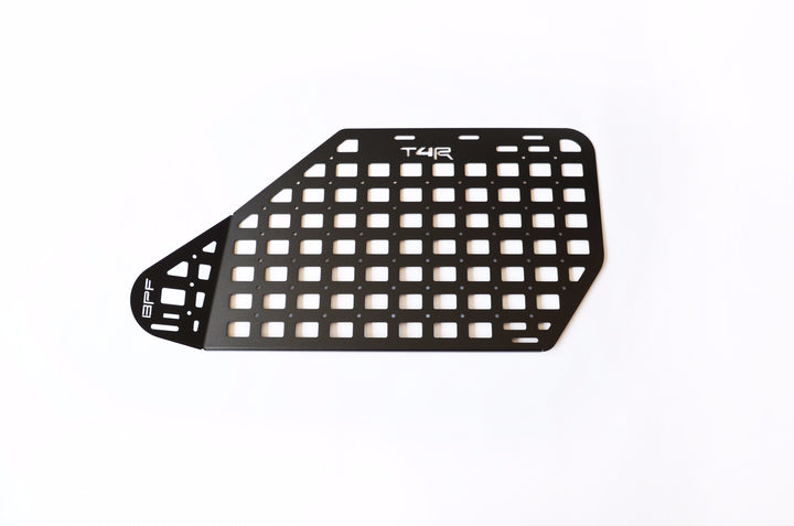 Black powder-coated BPF 2010-2024 4Runner Storage Panels with grid pattern for organizing and mounting overlanding gear, CNC fabricated for precise fitment.