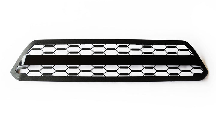 BPF 2012-2015 Toyota Tacoma Grill in black powder-coated finish with honeycomb mesh design, CNC fabricated for precise OEM fitment and durable overlanding gear accessory.