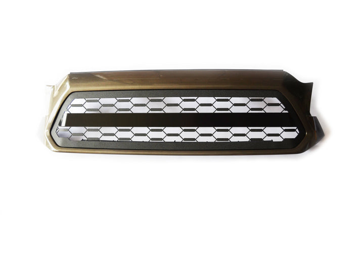 BPF 2012-2015 Toyota Tacoma Grill featuring a powder-coated black finish with a honeycomb mesh design for enhanced durability and stylish OEM fitment.
