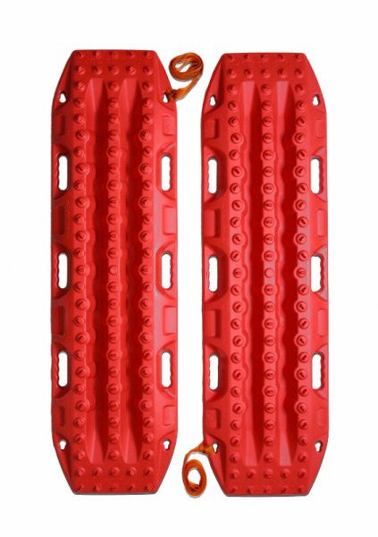 Pair of bright red MAXTRAX MKII recovery traction boards with grip cleats and handles, designed for off-road vehicle traction assistance in sand, mud, or snow.