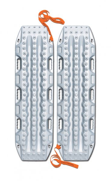 Pair of silver MAXTRAX MKII recovery traction boards with textured surface and orange tie-down straps designed for vehicle off-road recovery assistance.